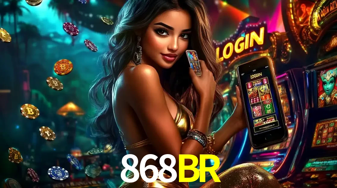 Mulher em um cenário de cassino temático de aventura, mostrando o app de caça-níqueis da 868BR no celular. Fichas de apostas flutuam ao redor.