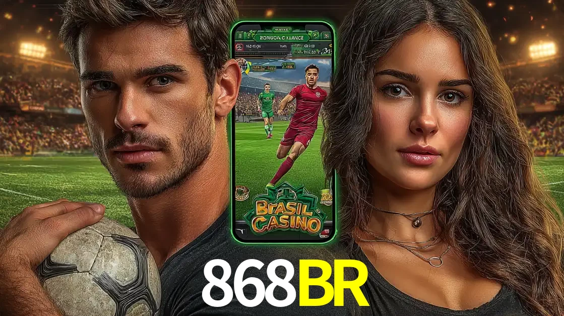 Homem segurando uma bola de futebol e uma mulher ao lado de um smartphone exibindo o jogo de apostas esportivas da 868BR. Faça seu palpite no cassino online.